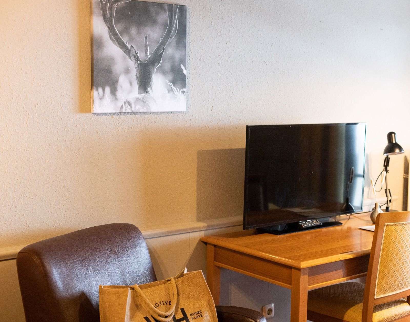 Schreibtisch mit Fernseher und Sessel in einem Scesa-Zimmer im Walliserhof