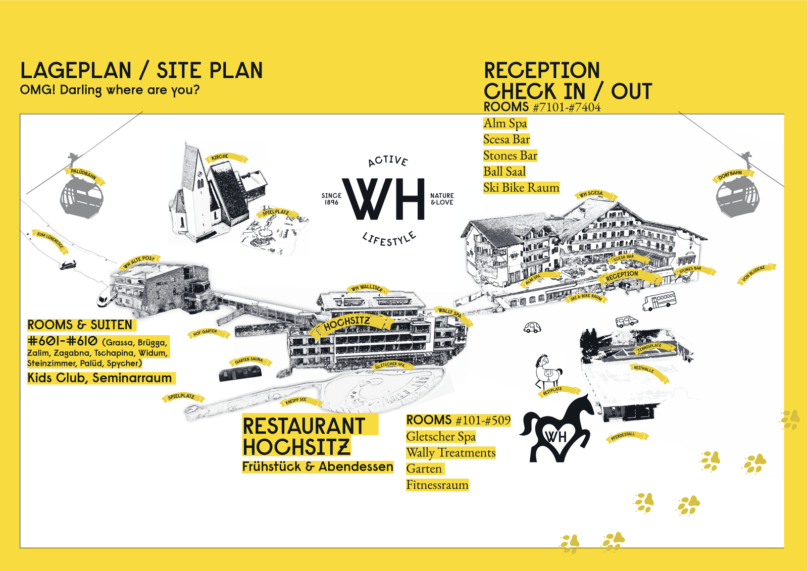 Gezeichneter Lageplan des Walliserhofs. Rechts oben das WH Scesa mit der Reception, in der Mitte das WH Walliser mit dem Restaurant Hochsitz, links das WH Alte Post mit den Suiten, rechts unten Pferdestall, Reithalle, Reitplatz und Tennisplatz. Alle Beschriftungen stehen in der Legende beim Plan.