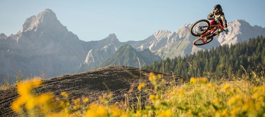 Ein Radfahrer springt in der Luft über eine Dirt-Rampe, umgeben von Bergen und blühenden gelben Blumen.
